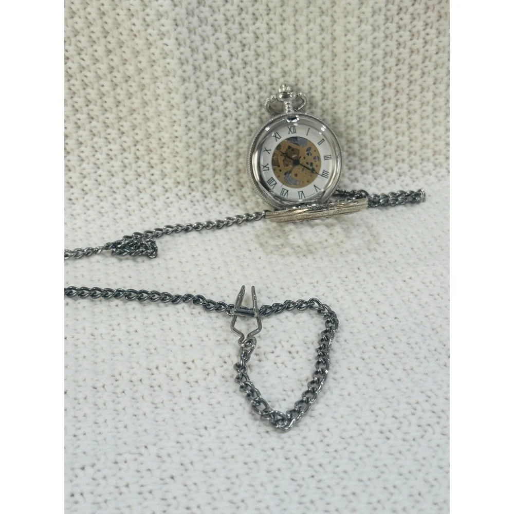 Silver Tone Skeleton Mechanical Pocket Watch Roman Numerals Chain